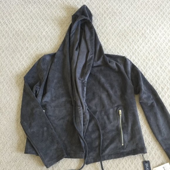 Blank NYC Faux Suede Grey Drawstring Hooded Jacket Size Small Zipper Pockets - Picture 7 of 9